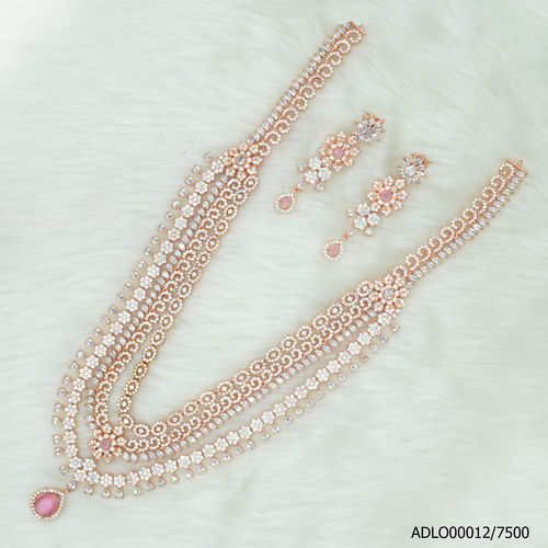 3 Line Rose Gold Plated American Diamond Long Set With Touch Of Pink Stones