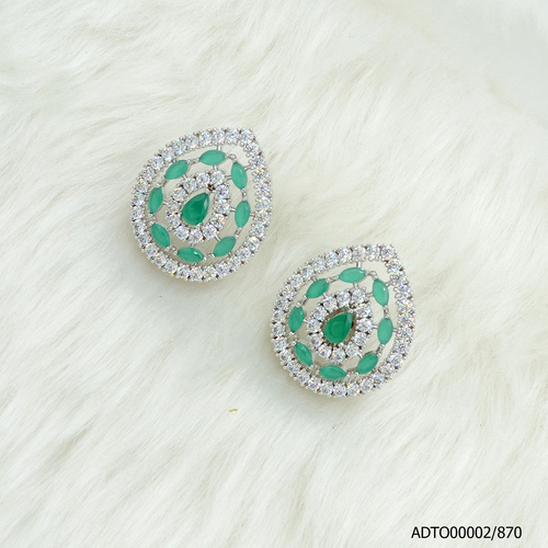 American Diamond White Rodium Plated Tops With Green Color Stone