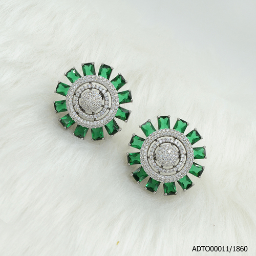 American Diamond Black Rodium Plated Tops With Green Color Stone