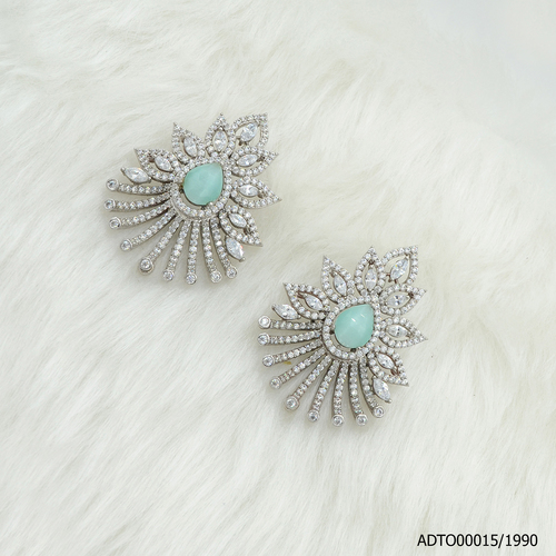 American Diamond White Rodium Plated Tops With Mint Green Color Stone
