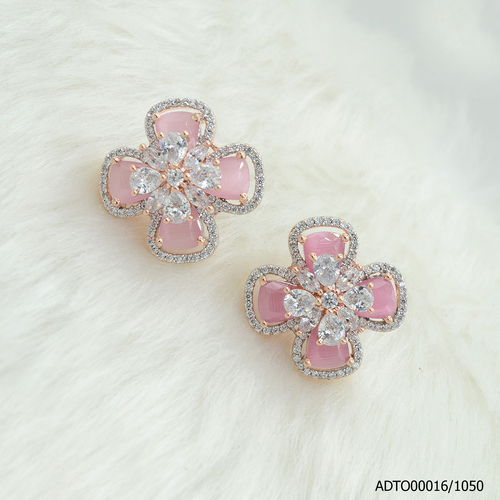 American Diamond White Rodium/Rose Gold Plated Tops With Pink Color Stone