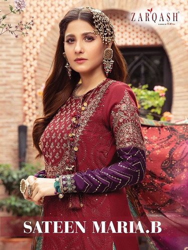 Zarqash Sateen Maria B Fox Georgette Heavy Work Pakistani Style Suits