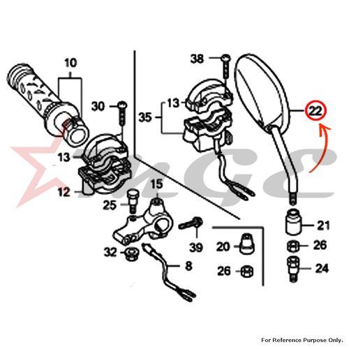 Mirror Comp., R. For Honda CBF125 - Reference Part Number - #88210-KTE-921, #88210-KTE-911, #88210-KWS-901