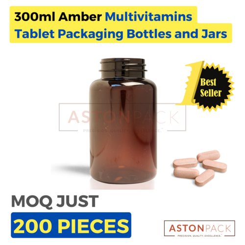 300 ml Amber Multivitamins Tablet Packaging Bottles and Jars