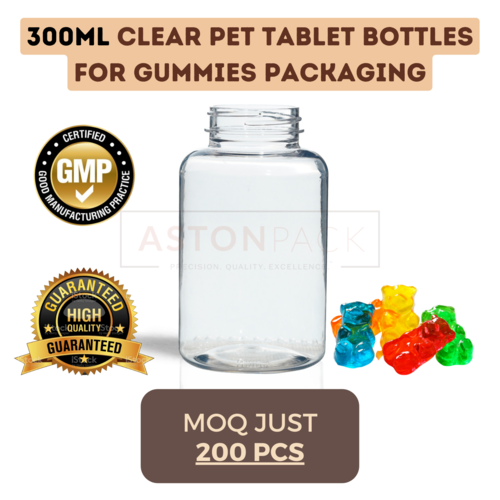 300 ml Clear PET Tablet Bottles for Gummies Packaging