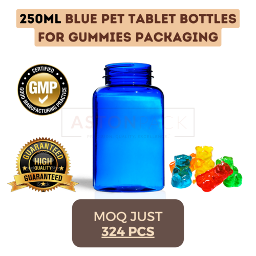 250 ml Cobalt Blue PET Tablet Bottles for Gummies Packaging