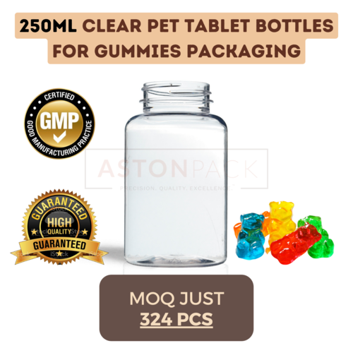 250 ml Clear PET Tablet Bottles for Gummies Packaging