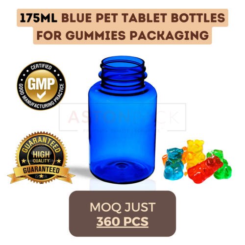 175 ml Cobalt Blue PET Tablet Bottles for Gummies Packaging