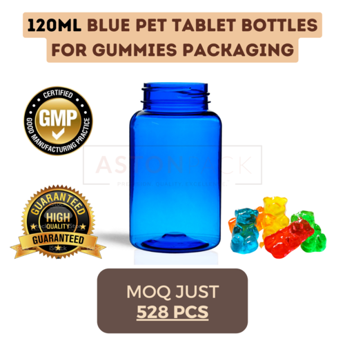 120 ml Cobalt Blue PET Tablet Bottles for Gummies Packaging
