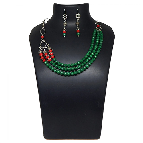 Malachite (Manmade) & Red Coral Stone Beads Necklace