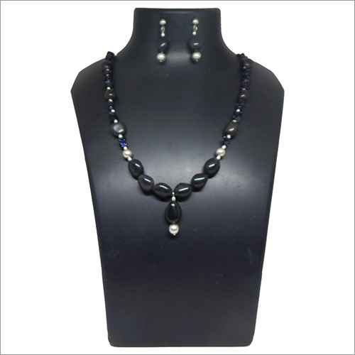Gemstone Blue Goldstone Chips and Black Agate Tumble Necklace