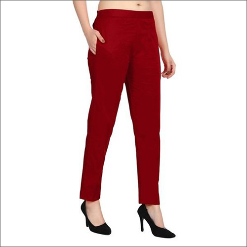 Girls Red Plain Straight Pant