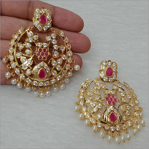 Multicolor Pink Jadau Chandbali With Glass Pearl