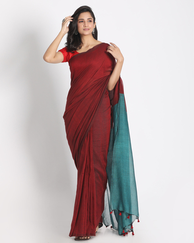 Red Khadi Cotton Handloom Saree - 6.5 Meters x 1.14 Meters, Thread Tassel Details, Unstitched Blouse Piece, Perfect for Daily Wear