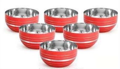 Designer Steel Red Colored Silver Lining Bowl Set