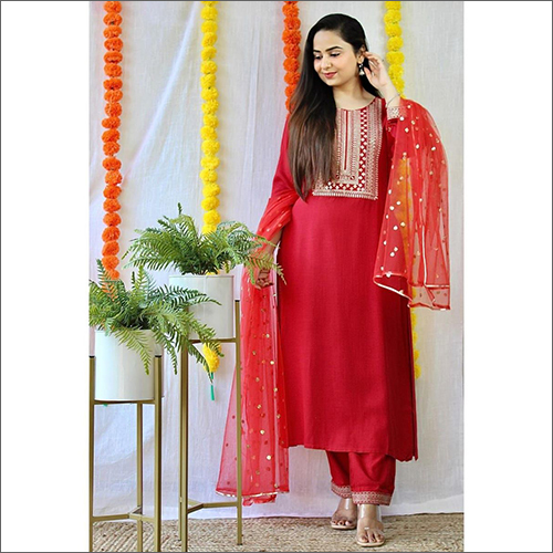 Ladies Rayon Red Kurti With Palazzo And Dupatta