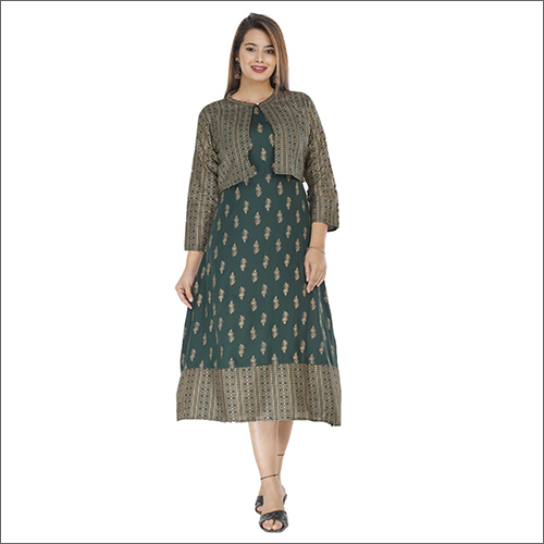 Washable Ladies Rayon Bottle Green Gown Kurti With Jacket