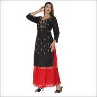 Ladies Rayon Black Sharara Kurti With Skirt