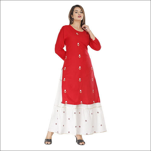 Ladies Rayon Red Kurti With Skirt