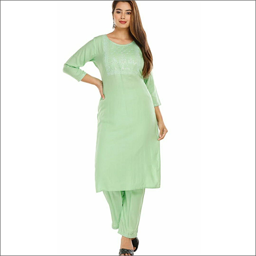 Ladies Rayon Pista Green Embroidery Kurti With Pant