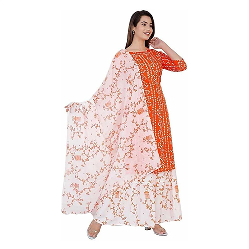 Ladies Rayon Orange Kurti With Skirt And Dupatta