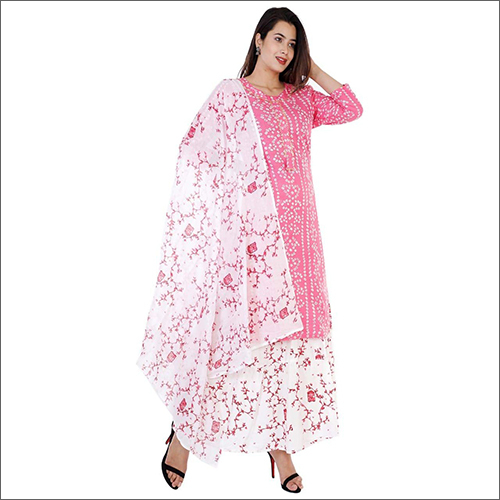 Ladies Rayon Pink Kurti With Skirt And Dupatta