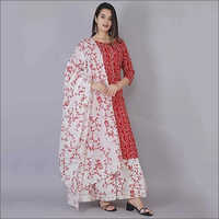 Ladies Rayon Red Kurti With Skirt And Dupatta