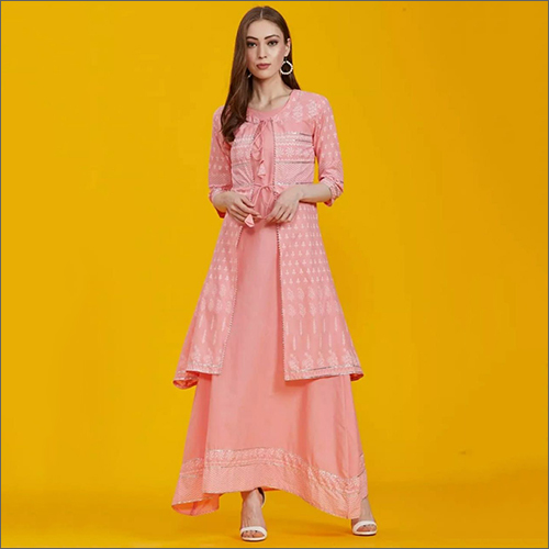 Ladies Rayon Printed Peach Kurti With Shrug