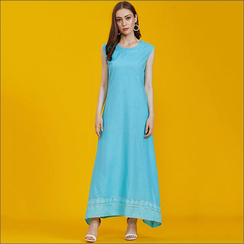 Ladies Rayon Printed Turquoise Kurti With Shrug
