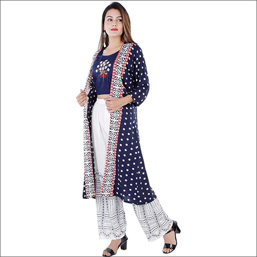 Ladies Rayon Blue Crop Top Kurti With Shrug