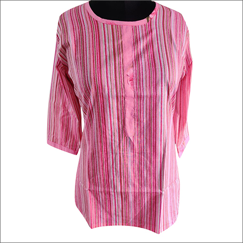 Ladies Cotton Line Printed Pink Top