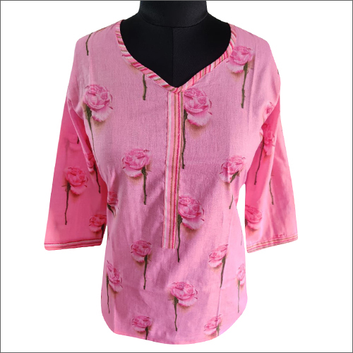 Ladies Cotton Floral Print Pink Top