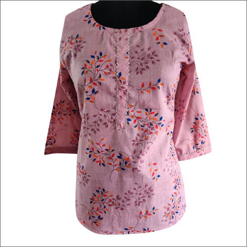 Ladies Cotton Printed Pink Top