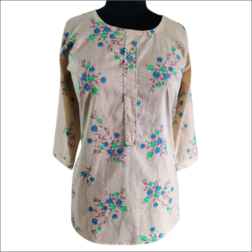 Ladies Flower Printed Cotton Cream Top
