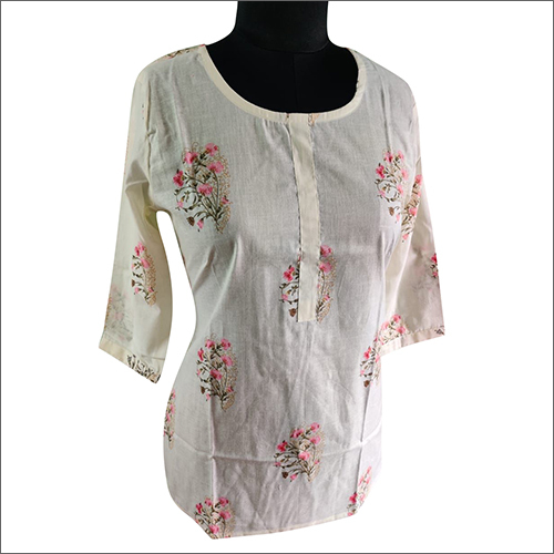 Ladies Flower Printed Cotton White Top