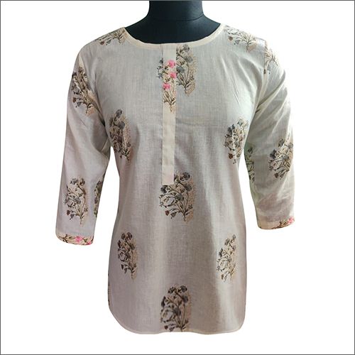 Ladies Flower Printed Cotton White Top