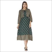 Ladies Rayon Bottle Green Gown Kurti With Jacket