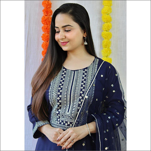 Ladies Rayon Blue Kurti With Palazzo And Dupatta