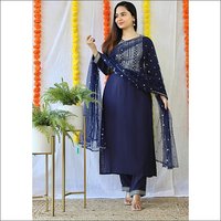 Ladies Rayon Blue Kurti With Palazzo And Dupatta