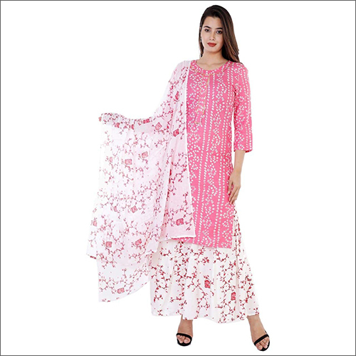 Ladies Rayon Pink Kurti With Skirt And Dupatta