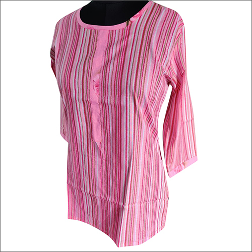 Ladies Cotton Line Printed Pink Top