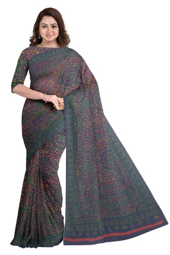 Ladies Fancy Cotton Printed Sarees - Cotton Silk, Navy Blue | Casual Wear with Bollywood Style, All-Season Versatility