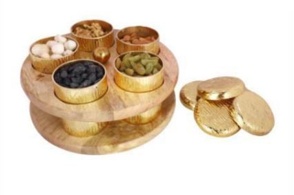 Wooden Spice Box Aluminum with Silver Plating Finish & Mango Wood (5 Jars)