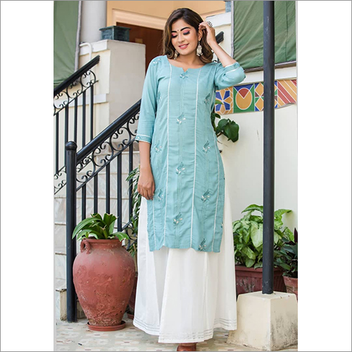 Ladies Rayon Slub Embroidery Kurti With Skirts