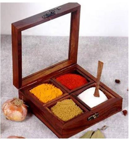 Handcrafted Wooden Spice Box/Masala Dabba/Kitchen Spice jar/with fiber Glass on Top, 4 Compartments and 1 Spoon