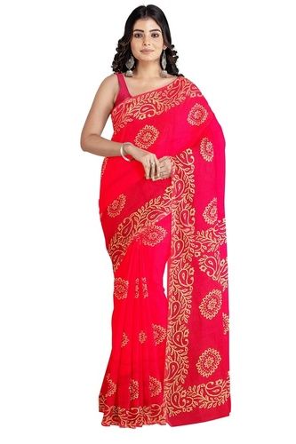 Red Ladies Festive Cotton Printed Sarees