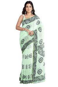 Pale Green Floral Printed Cotton Silk Saree - 6.5 Meters Length, 1.14 Meters Width | Perfect For Festivals, Comfortable For Summer, Unstitched Blouse Piece Provided