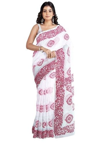 White Ladies Festive Handloom Cotton Printed Sarees