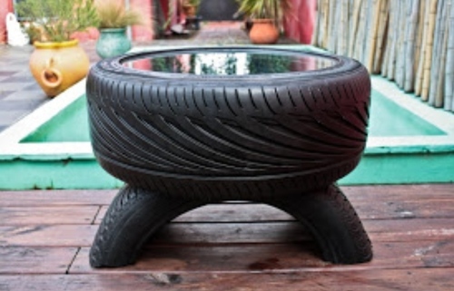 Handmade Tyre Table With Top Glass