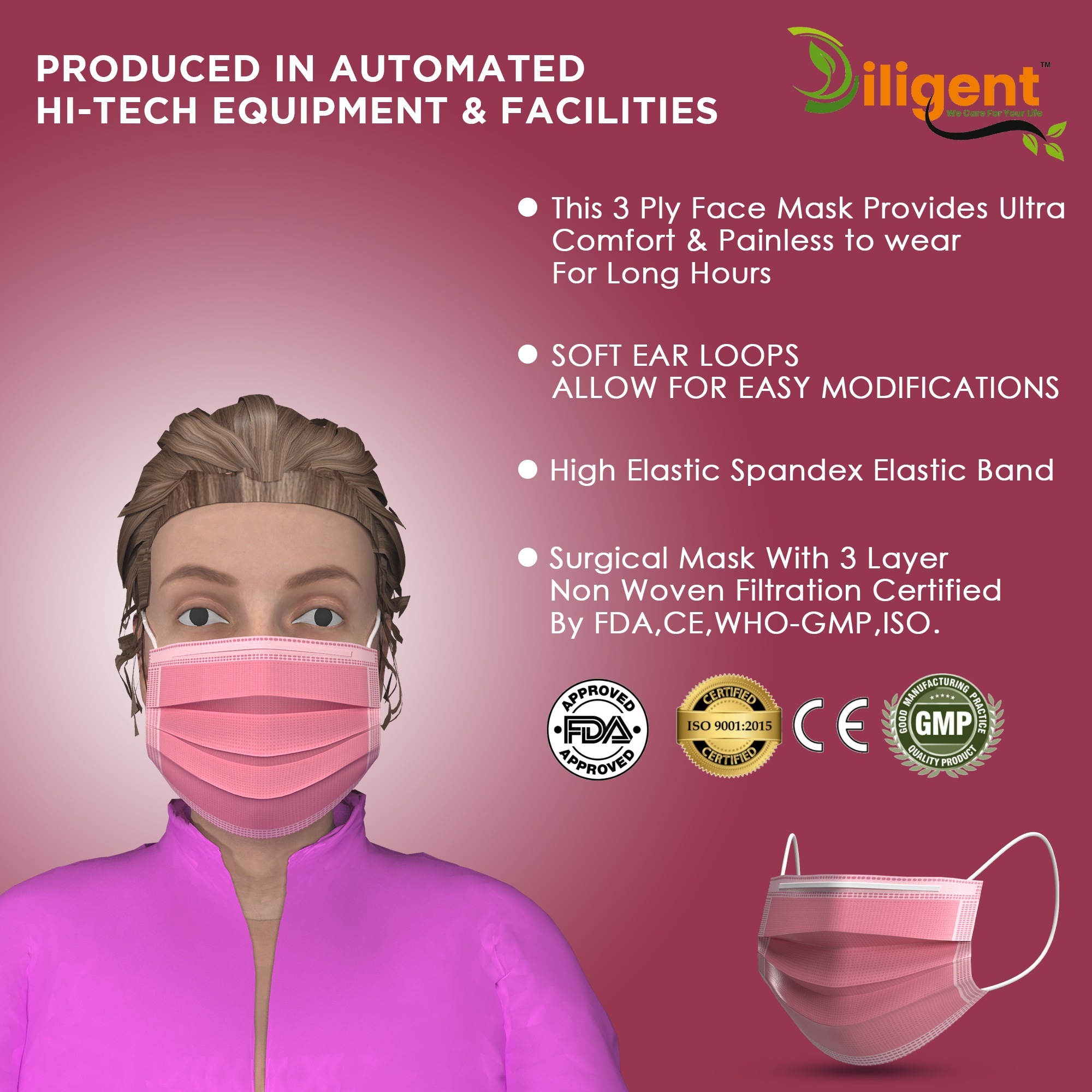 Pink 3Ply Surgical Mask Certified By FDA CE WHO-GMP and ISO